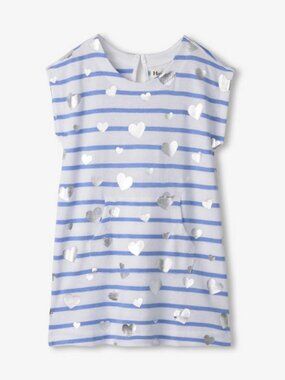 HATLEY Blue and White Girls Silver Heart Striped Kangaroo Pocket Dress 8